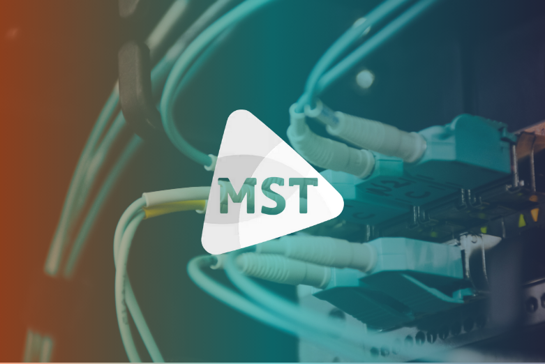 Logo of MST and wires in a datacenter in the background